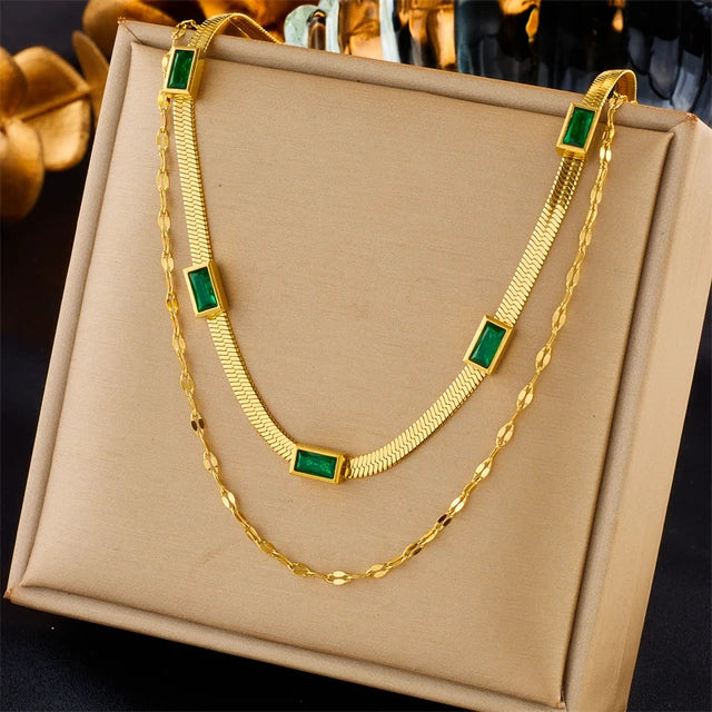 Double Chain Green Stone Necklace - GEN Z JEWELRY