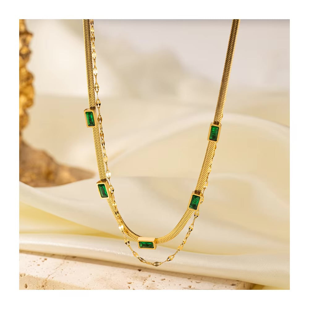 Double Chain Green Stone Necklace - GEN Z JEWELRY